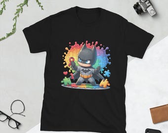Camiseta unisex de manga corta con diseño de superhéroe murciélago para concienciar sobre el autismo