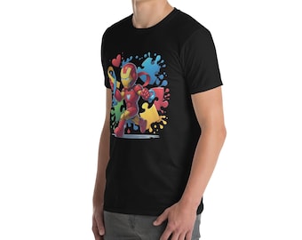 Camiseta unisex de manga corta de superhéroe que promueve la concienciación sobre el autismo