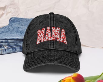 Mama Vintage Cotton Twill Cap, Red Heart Embroidered