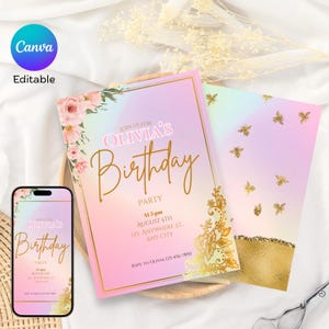 Convite holográfico dourado personalizado, convite floral para aniversário, convite para menina, cartão de festa com glitter dourado, modelo editável para ela