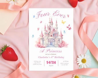 フォーエバープリンセスの誕生日招待状 フォーエバープリンセスの招待状 4歳の誕生日招待状 プリンセスパーティー ロイヤルテーマ 水彩画 編集可能