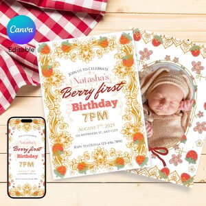 Convite editável Berry 1º convite de morango, convite de bebê Berry doce com foto de um ano de idade, convite de aniversário Canva, cartão de aniversário digital para menina