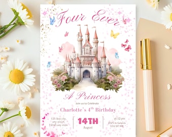 フォーエバープリンセスの誕生日招待状 フォーエバープリンセスの招待状 4歳の誕生日招待状 プリンセスパーティー ロイヤルテーマ 水彩画 編集可能