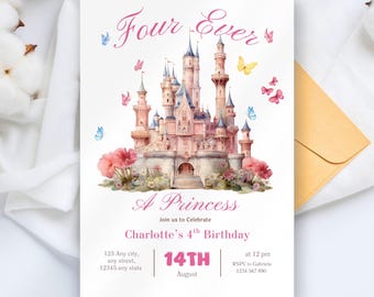 フォーエバープリンセスの誕生日招待状 フォーエバープリンセスの招待状 4歳の誕生日招待状 プリンセスパーティー ロイヤルテーマ 水彩画 編集可能
