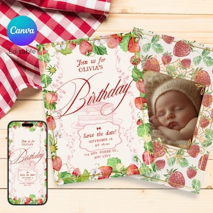 Convite editável Berry 1º convite de morango, convite de bebê Berry doce com foto de um ano de idade, convite de aniversário Canva, cartão de aniversário digital para menina
