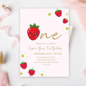 Convite de primeiro aniversário Berry Sweet Strawberry Party Girl Cartão de primeiro aniversário editável Canva Strawberry Lover Digital Bday Template um ano de idade