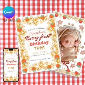 Convite de primeiro aniversário Berry Sweet Strawberry Party Girl Cartão de primeiro aniversário editável Canva Strawberry Lover Digital Bday Template um ano de idade
