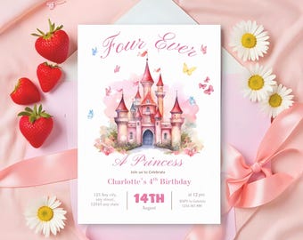 フォーエバープリンセスの誕生日招待状 フォーエバープリンセスの招待状 4歳の誕生日招待状 プリンセスパーティー ロイヤルテーマ 水彩画 編集可能
