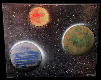 Experimental Triplets Original Painting | Space Wall Art | 16x20 Spray Paint Canvas | Cosmic Galaxy Decor