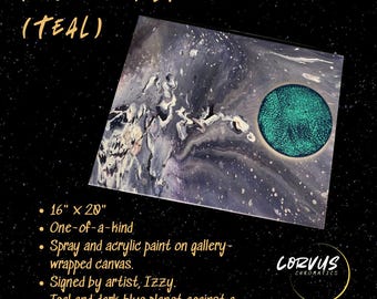Teal Planet Original Painting | Space Wall Art | 16x20 Acrylic Pour Canvas | Cosmic Galaxy Decor