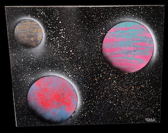 Playful Companions Original Painting | Space Wall Art | 16x20 Spray Paint Canvas | Cosmic Galaxy Decor
