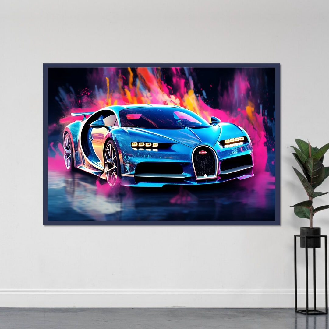 Bugatti Sports Car Wall Poster Racing Car Art Decor Neon Super Car Print Classic Car Lover Gift