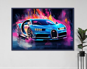 Bugatti Sports Car Wall Poster Racing Car Art Decor Neon Super Car Print Classic Car Lover Gift Man Cave Decor Office Decor Garage Poster