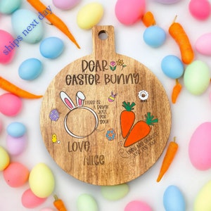 Personalized Easter Bunny Plate for Kids - Custom Wooden Carrot and Drink Serving Board for Easter Bunny Treats - Handmade Easter Decor