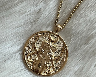 Collana Ecate in oro e acciaio inossidabile, mitologia greca, dea greca, ciondolo a catena per gioielli da donna, dea del bivio