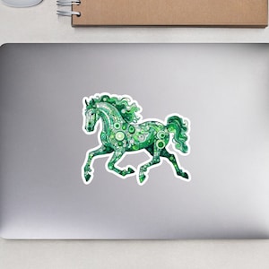 Sticker cheval vert vif, étiquette adhésive artistique personnalisée, sticker peinture abstraite équin au trot, marqueur pour vérifier facilement vos effets personnels