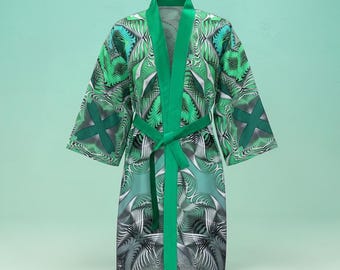100% Silk Robe Kaleidoscope Pattern Luxury Lounge Resort Wear Tropical Spa