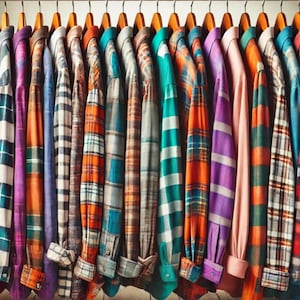 May include: A collection of plaid flannel shirts in various colors, including blue, green, red, and orange. The shirts are hanging on a clothes rack.