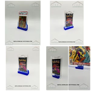 May include: A collection of trading card displays, each featuring a card or pack within a clear acrylic case. The displays are supported by a blue base. Some displays hold Pokemon cards, while another holds a comic book.