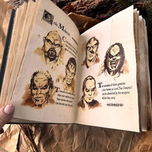May include: An open book with a brown leather cover and aged pages. The pages feature illustrations of demonic figures with text describing them as "Level Two Demons". The text reads "The servants of these generals (also known as Level Two Demons) can be identified by the weapons which they carry."