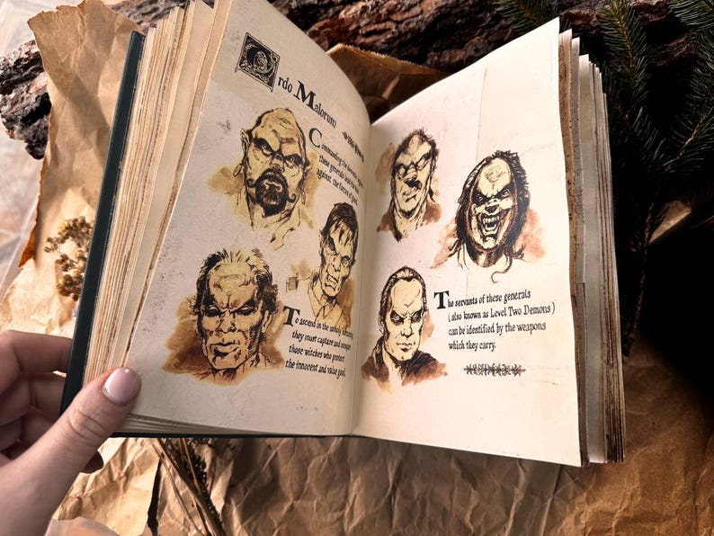 May include: An open book with a brown leather cover and aged pages. The pages feature illustrations of demonic figures with text describing them as "Level Two Demons". The text reads "The servants of these generals (also known as Level Two Demons) can be identified by the weapons which they carry."