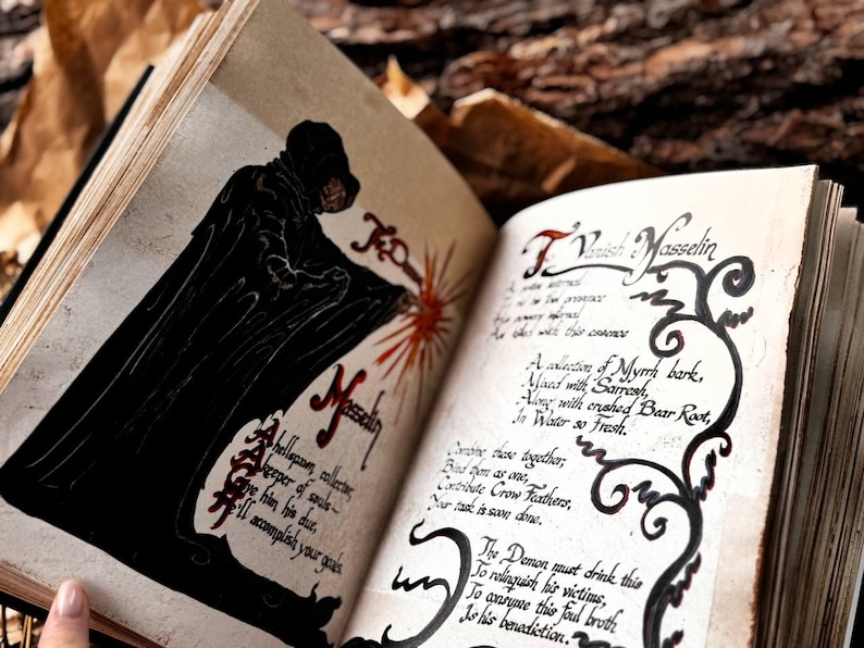 May include: An open book with a black and white illustration of a hooded figure on the left page. The right page has handwritten text in black ink, including the title "To Vanish Masselin" and a recipe for a potion. The text reads: "A collection of Myrrh bark, Mixed with Sarresh, Along with crushed Bear Root, In Water so Fresh. Stir these together, Bind them as one, Contribute Crow Feathers, Now, cast it soon done. The Demon must drink this To relinquish his victims, To conquer this foul broth Is his benediction."