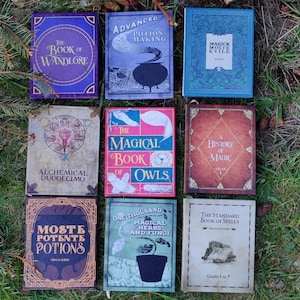 May include: Nine vintage book covers with titles such as "The Book of Wandlore", "Advanced Potion Making", "Magick Moste Vile", "The Magical Book of Owls", "A History of Magic", "Alchemical Duodecimo", "Moste Potente Potions", "One Thousand Magical Herbs and Fungi", and "The Standard Book of Spells".