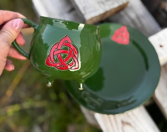 Charmed Inspired Cup and Saucer – Green Ceramic Mug with Red Triquetra Symbol, Witchy Gift for Fans of the TV Show