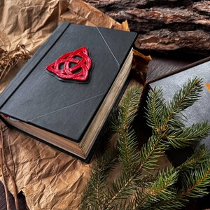 May include: Two black leather-bound books with a Celtic knot design on the cover. The book on the left has a red knot, and the book on the right has a gold knot. A pine branch is in the foreground.