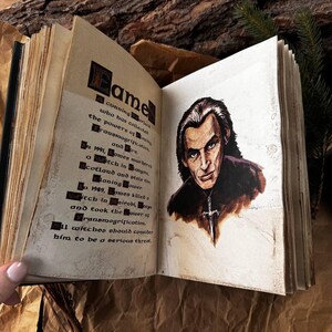 May include: An open book with a brown leather cover and yellowed pages. The book contains a handwritten entry about a powerful witch named "Bame" who has collected the powers of transmogrification and fire. An illustration of a man with dark hair and a serious expression is on the right page.