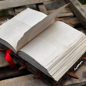 May include: An open, aged-looking book with blank pages, a red ribbon bookmark, and a textured cover. The book is resting on a wooden surface, with the pages slightly curled and the edges rough. The book's cover has decorative elements.