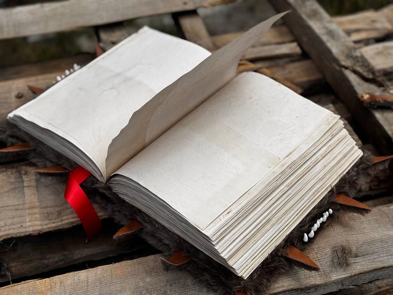 May include: An open, aged-looking book with blank pages, a red ribbon bookmark, and a textured cover. The book is resting on a wooden surface, with the pages slightly curled and the edges rough. The book's cover has decorative elements.