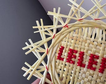Personalized Straw Ornament with Red Embroidery – Eco Friendly Ukrainian Handmade Decor – Custom Name up to 6 Letters – 15 cm