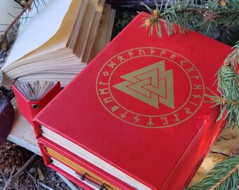 Red Rune Journal with Hidden Drawer – Handmade Double Grimoire with Norse Runes, Magical Notebook