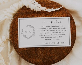 A Note On Gifts Card Template, Honeymoon Fund Card Template, Wishing Well Card, Modern Minimalist, DIY Editable Instant Download- SS007
