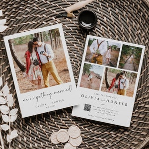 May include: A save the date card with a collage of photos of a couple in a forest setting. The card says "Save the Date for Olivia and Hunter" and includes a QR code. The text "we're getting married! Olivia & Hunter 9.2.2026" is on a separate card with a single photo of the couple.