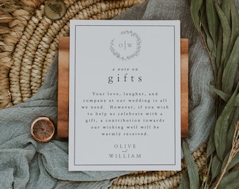 A Note on Gifts Wedding Invitation Enclosure Card Template, Honeymoon Fund Card Template, Wishing Well, Editable Instant Download- SS007