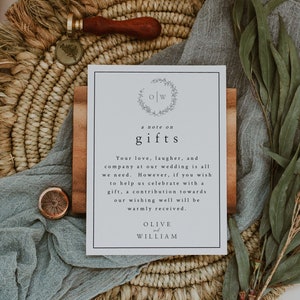 A Note on Gifts Wedding Invitation Enclosure Card Template, Honeymoon Fund Card Template, Wishing Well, Editable Instant Download- SS007