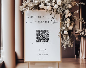 QR code Wedding Seating Chart, Your Seat Awaits Seating Chart With QR code, Seating Plan Template, Editable Instant Download- SS010