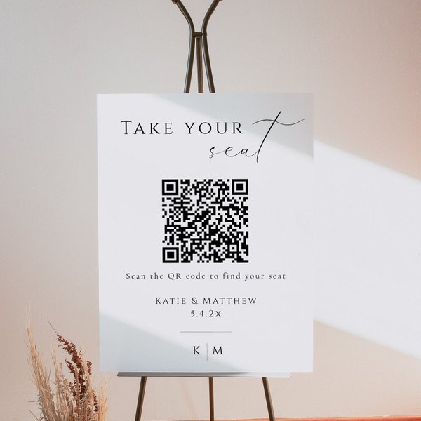 Seating Chart QR code, QR code Wedding Seating Chart, Take Your Seat Sign Template, Modern Minimalist, DIY Editable Instant Download- SS003