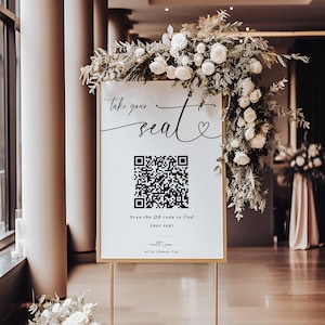 Seating Chart With QR code, Wedding Seating Plan Sign, Take Your Seat Sign, Modern Welcome Sign Template, Editable Instant Download- SS012