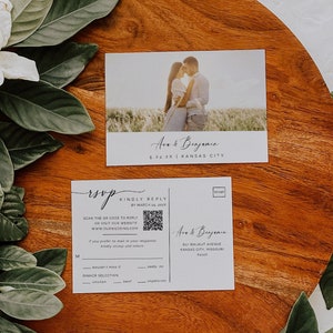 Qr-Code-RSVP-Postkarte, Hochzeit-RSVP-QR-Code einfügen, Einlagekarte mit Foto einladen, bearbeitbare Vorlage, druckbarer Sofortdownload - SS002