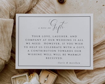 A Note on Gifts Wedding Invitation Enclosure Card Template, Honeymoon Fund Card Template, Wishing Well, DIY Editable Instant Download- SS003