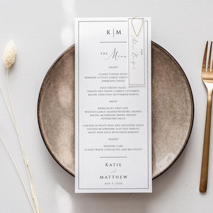 Wedding Menu And Place Cards Template, Menu And Place Cards Combo, Thin Escort Card, Minimalist Monogram, Editable Instant Download- SS003