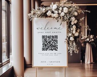 Seating Chart With QR code, Wedding Welcome Sign Template, Digital Seating Plan, Your Seat Awaits Sign, DIY Editable Instant Download- SS003