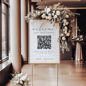 Seating Chart With QR code, Wedding Welcome Sign Template, Digital Seating Plan, Your Seat Awaits Sign, DIY Editable Instant Download- SS003