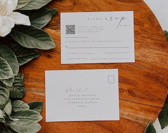 Wedding RSVP Post Card, QR code RSVP Postcard, Reply With Meal Choices, Invitation Response Card Template, Editable Instant Download- SS004