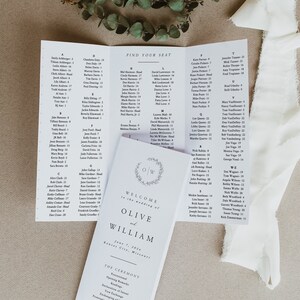 Trifold Wedding Program Seating Chart Template, Alphabetical Seating, Photo Sharing QR code, Monogram Crest, Editable Instant Download SS007