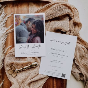 Save The Date Photo And QR code, Instant Camera Style Save The Date, Modern Minimalist Engagement, DIY Editable Instant Download- SS010