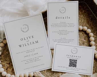 Pode incluir: Conjunto de convites de casamento com fundo branco e texto preto. O convite apresenta os nomes Olive e William, a data 7 de junho de 202X e o local The Sawyer Room, Kansas City, Missouri. O cartão de detalhes inclui informações sobre a recepção e a acomodação. O cartão de resposta apresenta um código QR para que os convidados possam responder.